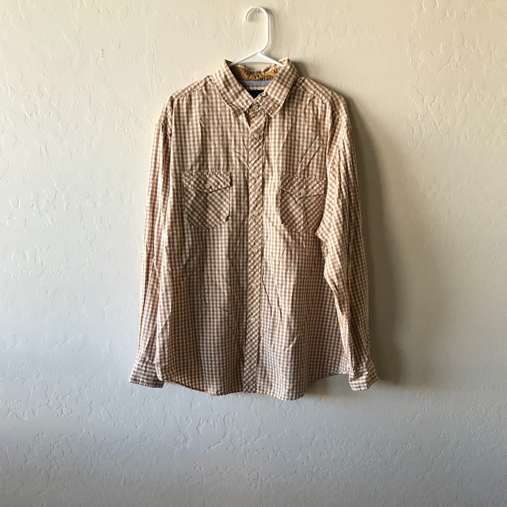 BROWN + WHITE CHECKERED DRESS SHIRT by CASUALS!!